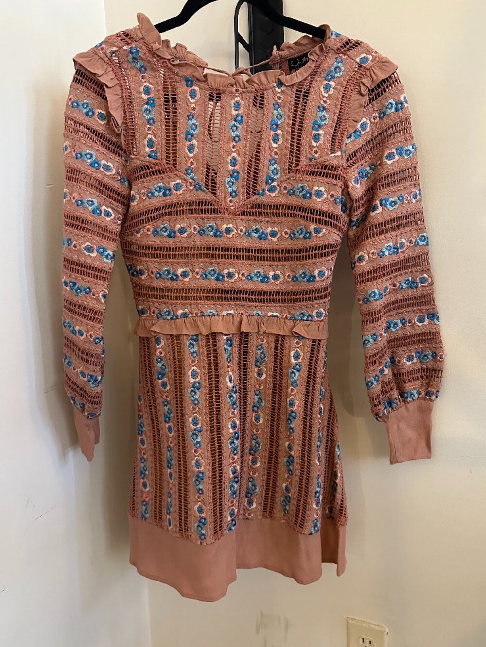 For Love & Lemons XS Boho Floral Embroidered Crochet Lace Dress Pink summer